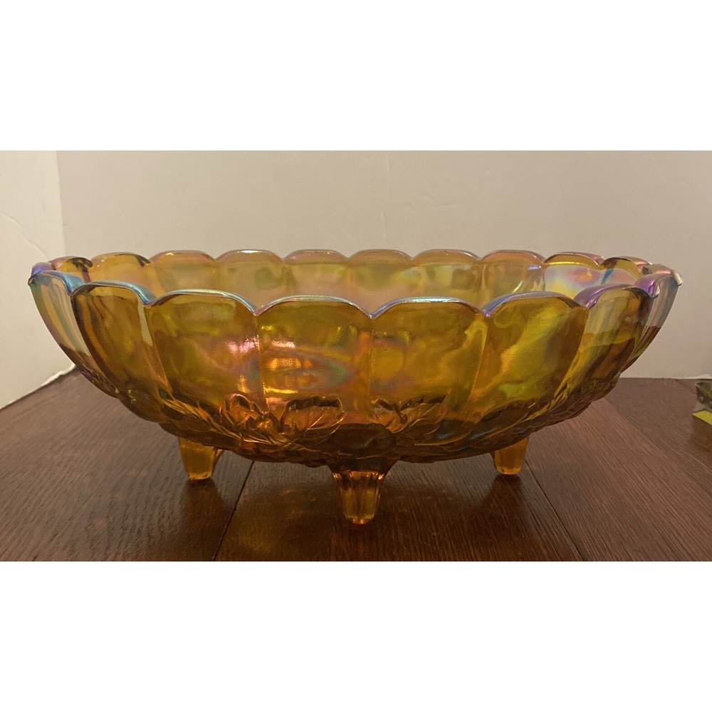 VTG Indiana Iridescent Carnival Glass Fruit Bowl Oval Harvest Grape Amber Footed